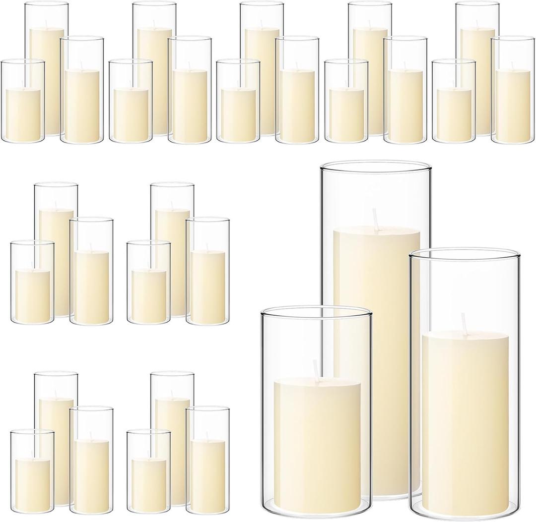 Shihanee 60 Pcs Pillar Candles and Glass Cylinder Vases Clear Cylinder Holders for Slim Pillar Candles Table Decoration (Ivory White)