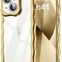SKYLMW Compatible with iPhone 13 Case, Kawaii Cute Curly Wave Frame Luxury Plating Edge, Stylish Glossy Clear Back, Soft TPU Shockproof Protective Cases for iPhone 13, Gold