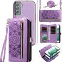 Asuwish Phone Case for Samsung Galaxy S22 Plus S22+ 5G Zipper Wallet Detachable Cell Cover with Tempered Glass Screen Protector Strap Flower Card Holder Slot S22+5G S22plus 22S + S 22 22+ Women Purple