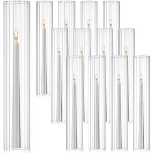 12 Pcs Hurricane Glass Candle Holders 2.5 x 14 Open Ended Tube Ribbed Shade Bottomless Chimney Cylinder Taper Candle Cover for Wedding Anniversary Table Centerpiece