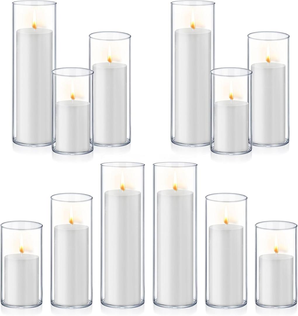 Homjoy 24 PCS White Pillar Candles with Glass Candle Holders Clear Hurricane Candle Holders Glass Cylinder Vases for Centerpieces Wedding Party, Event, Home Office (12 Candles+12 Candle Hoders)