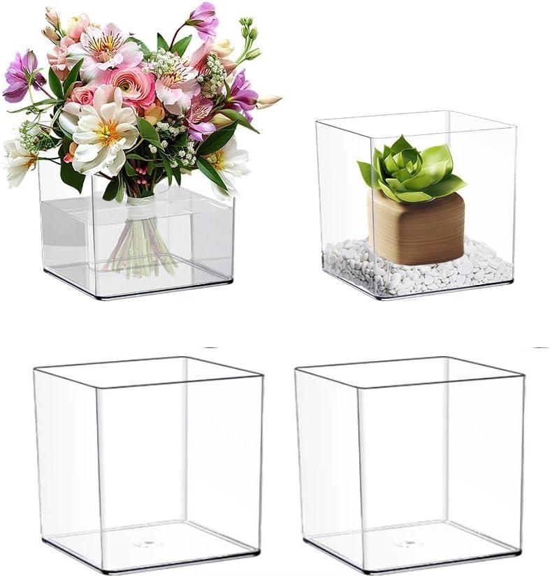 AHANDMAKER 4 Pack Clear Acrylic Square Vases Shatterproof Modern Cube 5.91 Inch Flower Plant Pots for Wedding Centerpieces Christmas Home Office Table Decorations