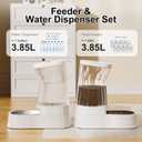 Automatic Pets Gravity Feeder and Water Dispenser Set, 1Gallon x 2 Stainless Steel Food Feeder and Waterer, 100% BPA-Free Water Bowl Dispenser for Small&Medium Dogs, Cats, Puppies(White)