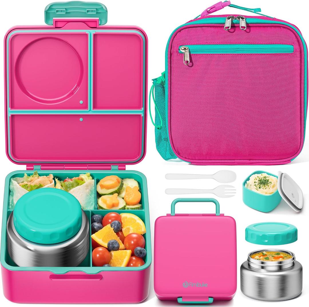 Fimibuke Bento lunch Box Set for Kids Adult with 8oz Insulated Food Jar, Lunch Bag & Sauce Cup, Leakproof Dishwasher Safe Toddler Lunch Food Container with 3-4 Compartment for School Girls Boys (A8.Bright Coral & Teal)