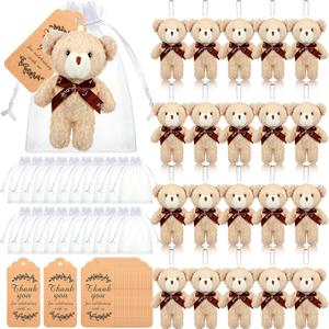 Lenwen 60 Pcs Tiny Stuffed Bear Baby Shower Decorations, Include 4.7 Inch Soft Bear Doll White Organza Bag Thank You Tag for Wedding Birthday Party(White)