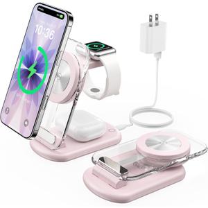 3 in 1 Magnetic Wireless Charging Station for Apple Devices, Fast Foldable Travel Mag-Safe Charger Stand with Night Light for iPhone 17 16 15 14 13 12 Series, Apple Watch/AirPods Pro, PK (Pink)