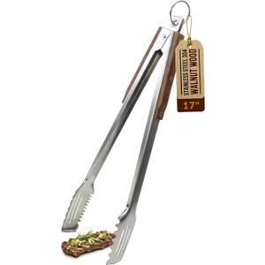 17-Inch Grill Tongs, Heavy Duty 304 Stainless Steel BBQ Tongs, Extra-Long Locking Grilling Tongs for Outdoor Grill & Smoker, Walnut Handle, Gift Pouch