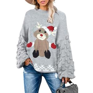 Sovoyontee Women's Cute Funny Ugly Christmas Sweater Puff Sleeve Snowflake Reindeer Holiday Oversized Knit Pullover M
