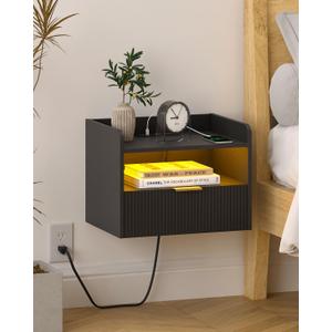 Veegle White Floating Nightstand with Charging Station and LED Lights (Black)