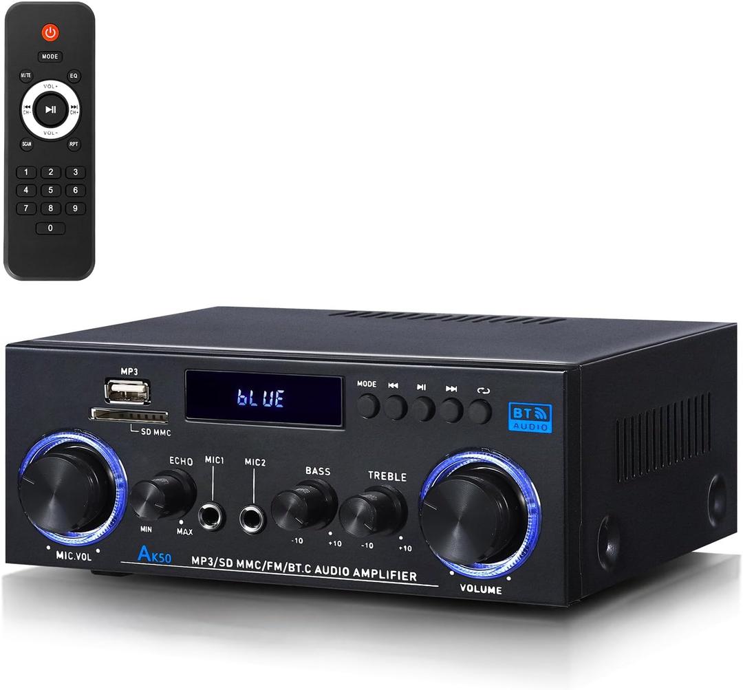 AK50 Stereo Amplifier Home Audio, Stereo Receivers 400W Home 2 Channel Bluetooth 5.0 Power Amplifier System, FM Radio, USB, SD Card, with Remote Control for Home Theater Speakers Studio, Karaoke