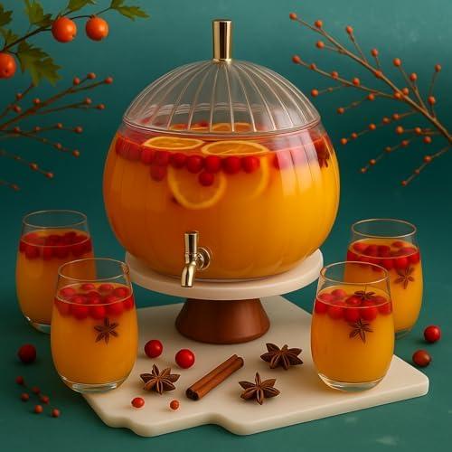Potchen 1.3 Gallon Thanksgiving Pumpkin Drink Dispenser with 4 Clear Plastic Cups Pumpkin Shaped Drink Dispenser Fall Harvest Kitchen Decoration with Spigot for Halloween Autumn Party Supplies