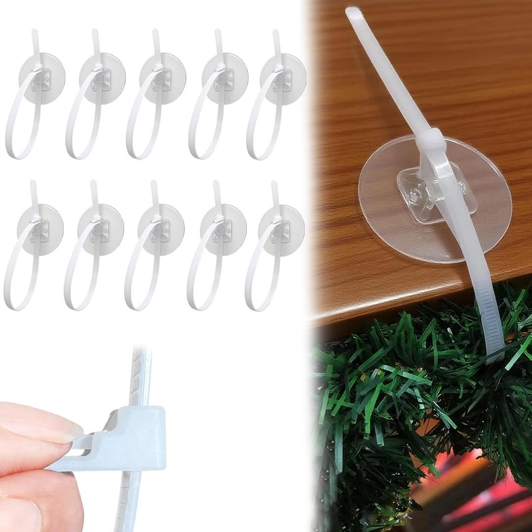 2 x 10 PCS Valentine's Day Garland Hangers for Mantle, Adjustable Garland Round Adhesive Hook for Fireplace, Stocking 10" Releasable Zip Ties Clips Wreath Holder for Door Frame, Furniture Straps