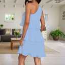 One Shoulder Mini Dress Women Tiered Ruffle Summer Sundress | One shoulder mini dress with full lining pleated fabric tiered ruffles and a flowy A-line fit for summer (Blue, S)