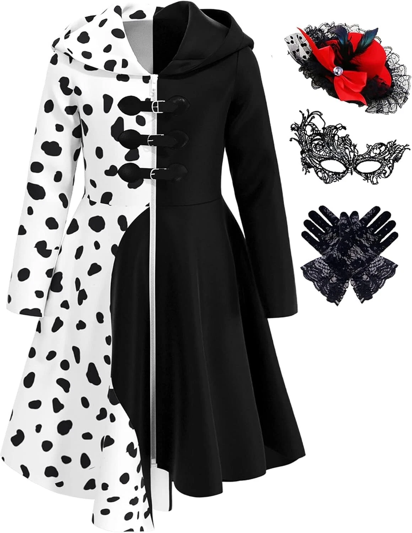 Mecamelon Girls Vintage Halloween Costume Dress Up Dalmatian Print Outfit, White, 7 Years