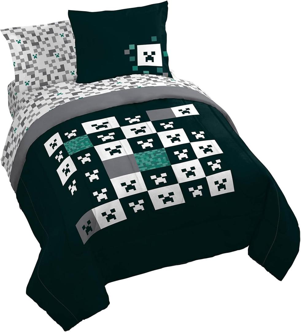 Jay Franco Minecraft Creeper Queen Comforter Set - 7 Piece Gamer Bedding Includes Sheet Set & Pillow Covers - Super Soft Checkered Bedding (Green - Minecraft 01)
