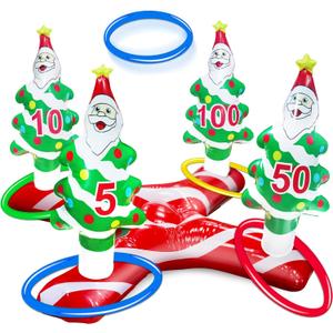 TURNMEON Giant Inflatable Christmas Tree Ring Toss Party Game Kids Adults Family Stocking Stuffers Toys Christmas Party Decorations Supplies Favors Gifts Grandkids Indoor Outdoor,4 Santa Base 4 Rings