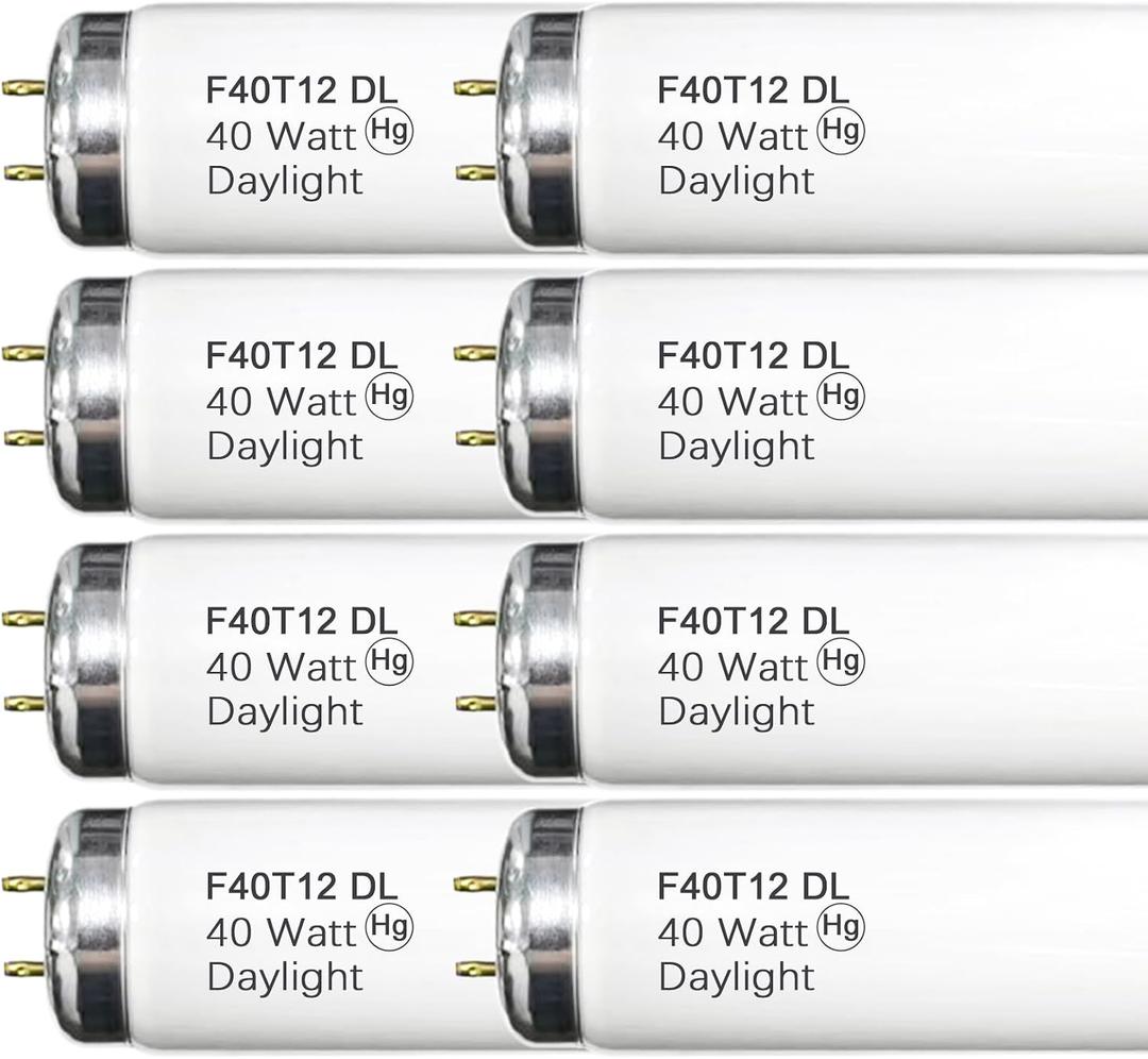 48 Inch F40T12/DL 40W 6500K Daylight Fluorescent Light Bulbs, 4ft T12 Linear Tube Lights F40T12/865, 2650 Lumens, G13 Bi-Pin, 8 Pack