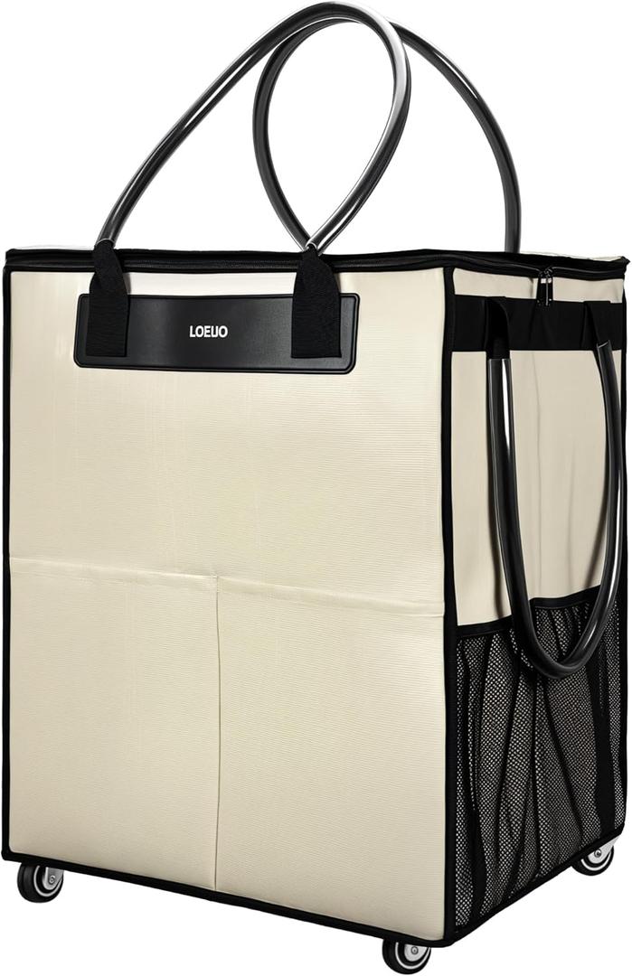 Large Reusable Grocery Bag on Wheels, Foldable Rolling Tote Bag with Detachable Roller (Beige)