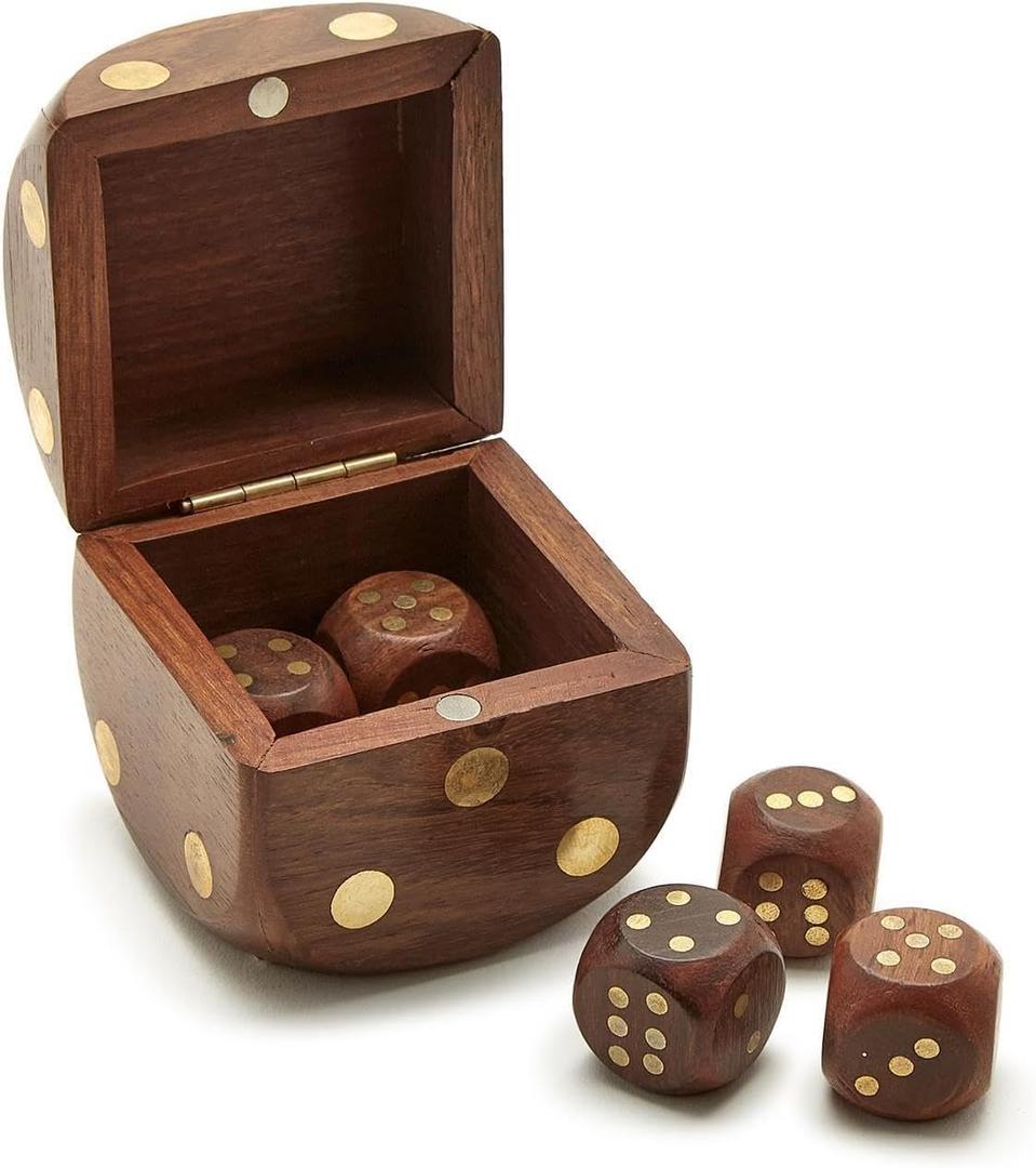 Two's Company Wood Crafted Dice Box with 6 Dice, Acacia Wood, 2.5-inches Square, Brown