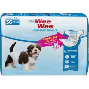 Four Paws Wee-Wee Super Absorbent Disposable Adjustable Dog Potty Training Diapers, Leak-Proof Protection for Dogs, Size Extra Small, Up to 8" Waist, 36 Count