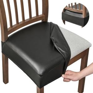 Alishomtll Waterproof Seat Covers for Dining Room Chairs Set of 6, Stretch PU Leather Chair Seat Slipcovers, Removable Washable Dining Chair Covers Kitchen Seat Protector (6pcs, Rear-Covered, Black)
