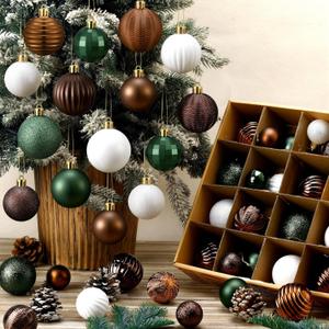 64 Pcs Neutral Christmas Ball Ornaments Brown Green White Xmas Bulbs Ornament 1.6/1.97/2.4 Inch Vintage Xmas Baubles Assorted Size Modern Christmas Decoration for Tree Holiday Indoor Home Decor