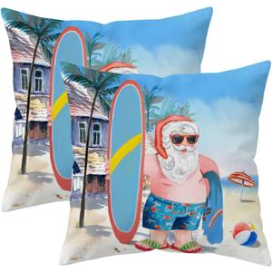 Christmas Pillow Covers 18x18 Set of 2, Santa Claus Surfing Beach Holiday Pillow Case Double Sided Printing Cushion Covers for Sofa Couch Bed Summer Winter Coastal Xmas Home Decor (Wl-dpcsd-santa)
