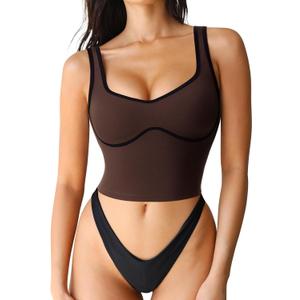 SUUKSESS Women Sweetheart Neckline Longline Sports Bra Padded Basic Workout Crop Tank Top (X-Large, Dark Brown)