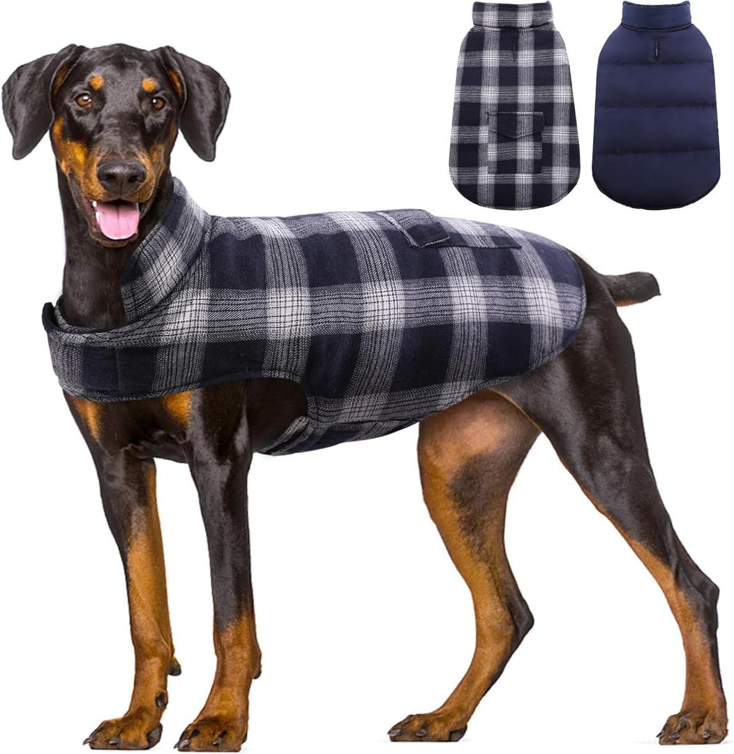 Kuoser Reversible Dog Jacket, Warm Winter Coat for Large Dogs, Warm Windproof Pet Cold Weather Clothes, Blue XXL (XXL (Chest Girth: 29.5-35.4''))