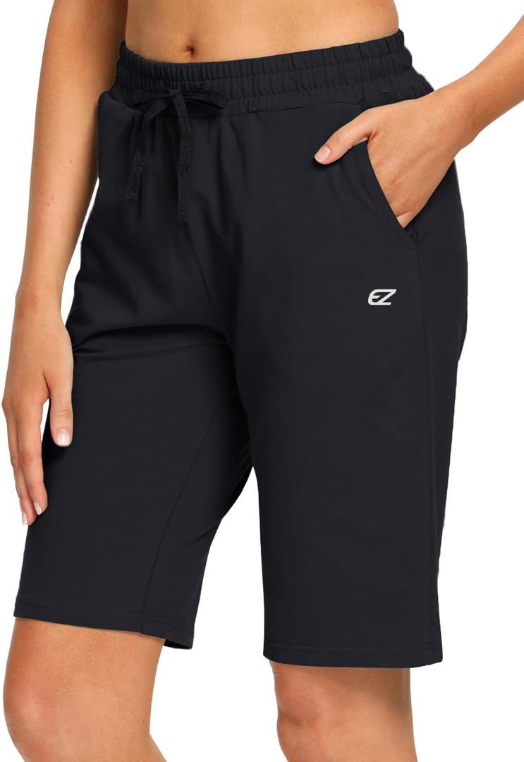 EZRUN Womens Bermuda Shorts Summer Sweat Shorts with Deep Pockets Cotton Shorts for Women Gym Workout (Large, Black)