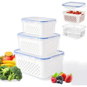 4 in 1 Food Storage Containers for Fridge, Produce Keeper with Removable Colander & Drain Basket, Airtight Leakproof Fruit Vegetable Storage Containers Transparent Kitchen Organizer (3PC S+M+L)