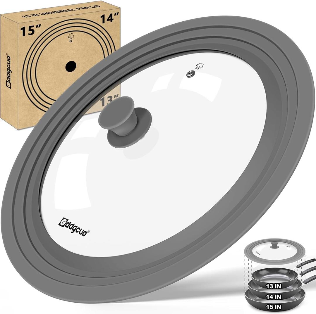 13-14-15 in Universal Pan Lid, Extra Large Silicone Pot Lid for Pots, Pans & Skillets, Replacement Frying Pan Lid with Heat Resistant Silicone Knob, Dishwasher Safe, Grey