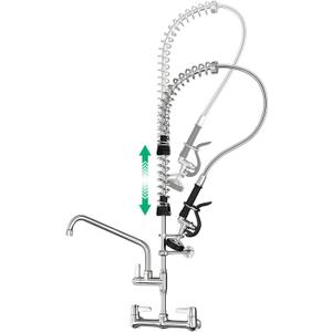 Commercial Sink Faucet with Pre-Rinse Sprayer -Height Adjustable (33-43 inch) Wall Mount Industrial Kitchen Faucet 8 inch Center with Pre-Rinse Sprayer and 12 Inch Swivel Spout