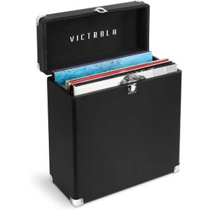 Victrola Collector Record Storage Case Holds 30+ Vinyl Turntable Records, Heavy-Duty Hardware, Hinges, & Smart Metal Corners, Portable with Easy-Carry Handle (Black)