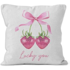 Pink Strawberry Throw Pillow Covers 18x18, Coquette Pink Bow Cherry Strawberry Lucky You Decorative Pillow Covers for Girly Bedroom Dorm, Preppy Room Decor Accent Pillows Cover Pillowcases