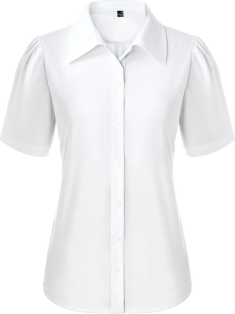 Button Down Shirts for Women Puff Short Sleeve Button Up Dress Shirts Collared Fitted Blouse Work Business Top (Size Large)