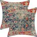 Boho Pillow Covers 20x20 Inch Set of 2,Navy Blue Burnt Orange Ethnic Design Throw Pillows Case,Carpet Pattern Outdoor Decorative Square Linen Farmhouse Decor Cushion Covers for Home Sofa Bed Couch