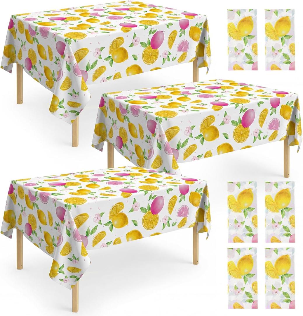 Oudain Lemon Party Decorations Tablecloth, 6 Pack Pink Lemon Disposable Plastic Table Covers for Freshly Graduated Grad Party, Summer, Birthday, Baby Shower, Bridal Shower Supplies 54 x 108 in