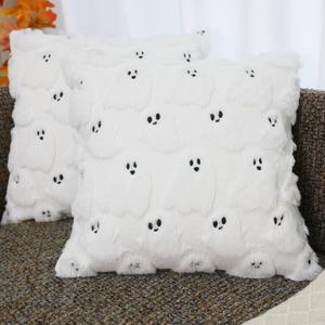 Halloween Ghost Pillow Covers 18x18 inch Set of 2 White Soft Plush Faux Fur Decorative Cushion Covers for Couch Sofa Bed Porch Living Room Halloween Decor (Graceful Gost)