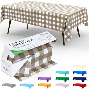 Smiry 54 Inch x 300 Feet Disposable Table Cover Roll, Khaki & White Plastic Table Cloth in Cut-to-Size Box with Slide Cutter, Waterproof Rectangle Tablecloths for Weddings, Banquets, Outdoor