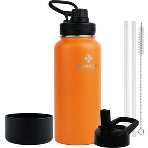 32 oz Powder Coated Double Wall Vacuum Insulated Sports Water Bottle, 18/8 Stainless Steel Wide Mouth Thermal Flask with Straw Lid & Spout Lid, Leak Proof, Sweat Free, BPA Free (Orange, 32 oz)