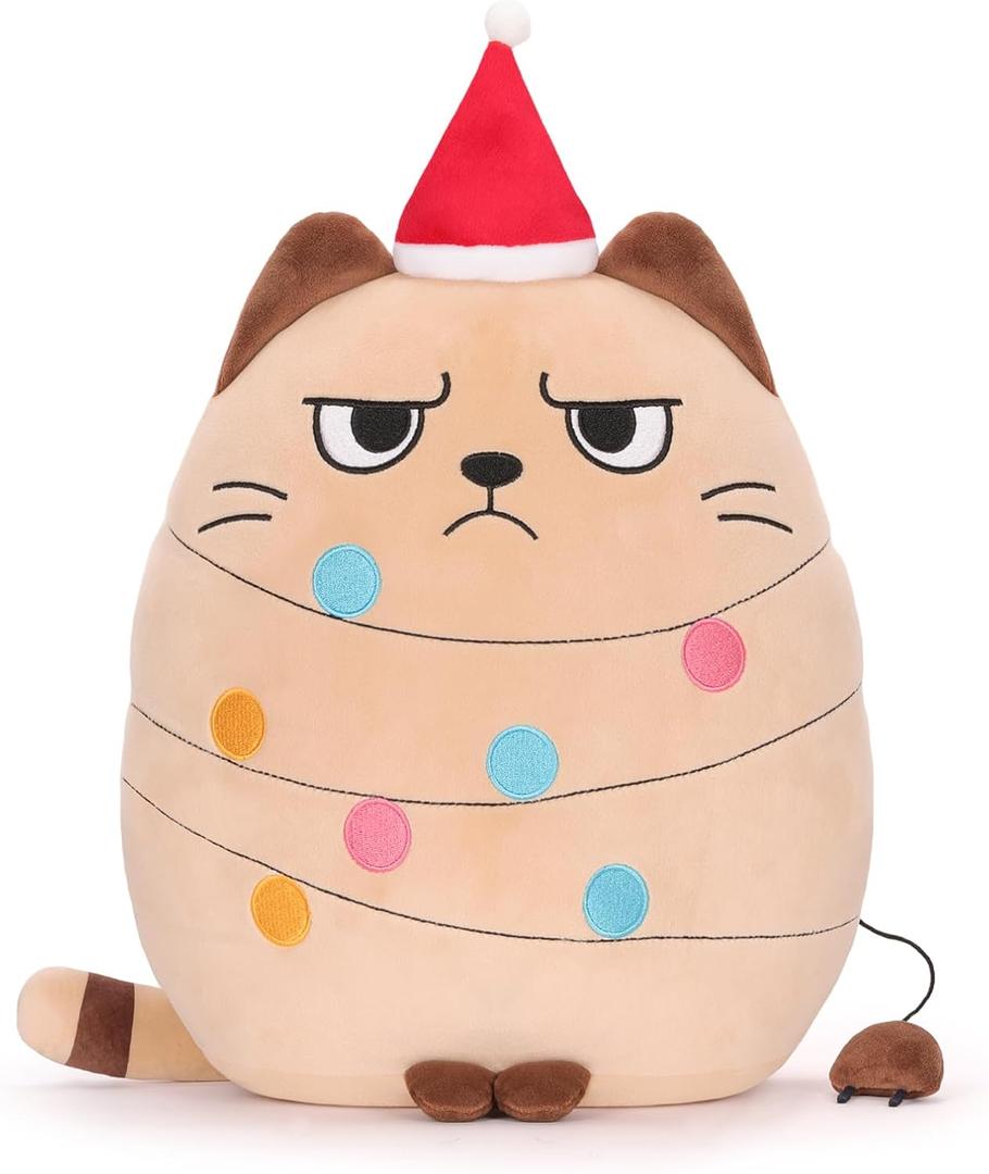 12 inch Christmas Cat Stuffed Animals Funny Xmas Plush Pillow Holiday Decoration Gifts for Cat Mom Lovers (Beige)