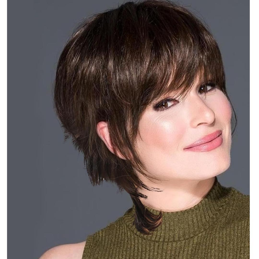 Layered Wig Short Brown Pixie Cut Wig for Women Brown Short Layered Straight Wavy Cut Hair for Women Pixie Cut Wigs with Bangs Synthetic Hair Natural Looking For Daily Party Use