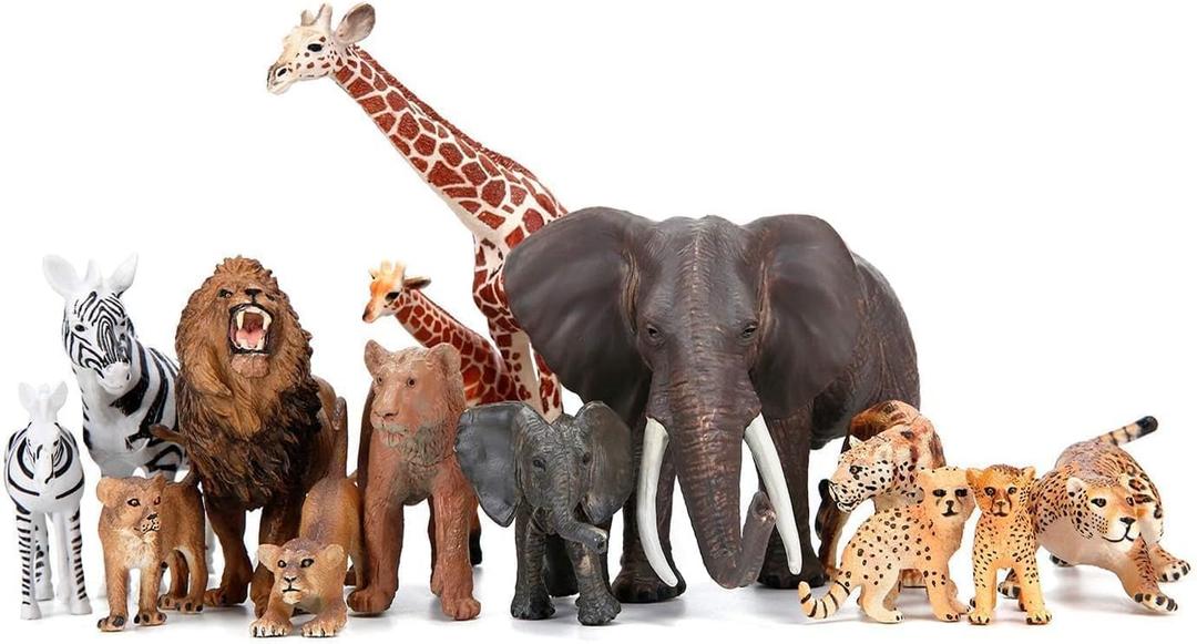 Safari Zoo Animals Figures Toys, 14 Piece Realistic Jungle Animal Figurines, African Wild Plastic Animals with Lion, Elephant Educational Learning Playset for Toddlers, Birthday Gifts Christmas