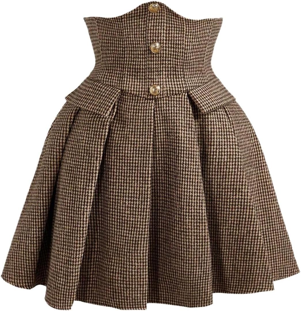 MakeMeChic Women's Plaid Mini Skirt Button Front Pleated A Line Flowy Elegant Houndstooth Skirts (Medium, Multicolor)