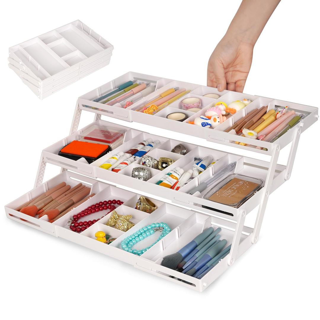 3 Tier Drawer Organizer - Expandable Junk Drawer Organizer Smart Office Supply Organizer, Folding Drawer Storage Multi-level Desk Organizer for Makeup,Jewelry,Kitchen Storage (1 Row 3 Tier, White)