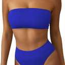 Pink Queen Women's Ribbed High Waisted Bikini Set Removable Strap Bandeau Swimsuit (L)