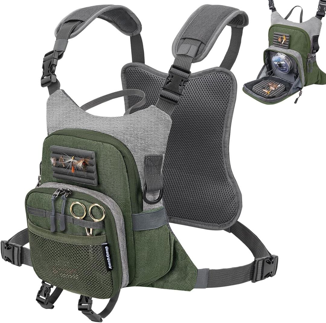 QulayQualy Fly Fishing Pack - Chest Pack with Work Station Lightweight Tackle Fishing Bag with Quick-Release (M-11'', Green)