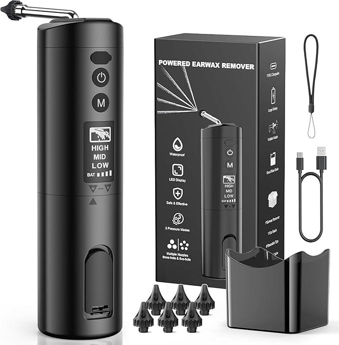Updated Ear Wax Removal Kit, IPX7 Waterproof Ear Cleaning Tool with Clear LED Display, USB Rechargeable Electric Ear Irrigation Flushing System, Safe and Effective Electric Ear Cleaner Tool, Black