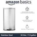 Amazon Basics Smudge Resistant Rectangular Trash Can With Soft-Close Foot Pedal, Brushed Stainless Steel, 30 litre/7.9 Gallon, Satin Nickel Finish, 13.8"L x 11.8"W x 25"H